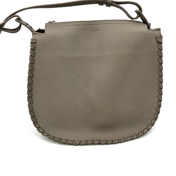 ALLSAINTS Gray Taupe Pebbled Leather Boho Western Crossbody Shoulder Bag Purse - Picture 2 of 16